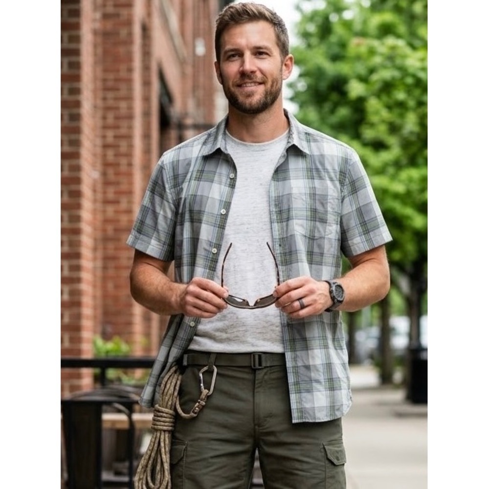 The North Face Mens Grey Green Plaid Short Sleeve Button Up Shirt Large